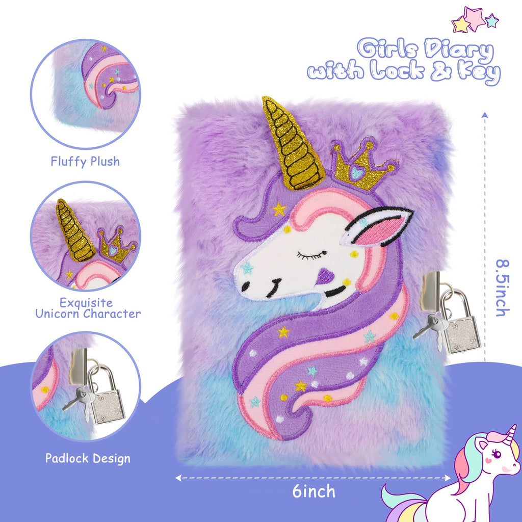 homicozy Kids Unicorn Diary with Lock and Key,Tie-Dye Fuzzy Journal for Girls Ages 6 And Up,Hardcover Notebook with 160 Pages,Cute Stationery Unicorn Gift for Girls