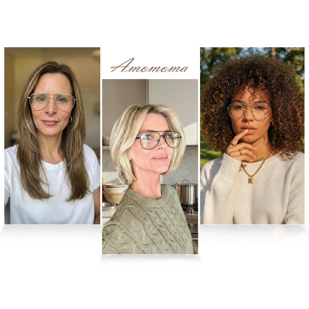 AMOMOMA Aviator Reading Glasses for Women,Men Blue Light Blocking Computer Readers Trendy Retro Metal Frame AM6162US, Black&Gold&Silver 1.00x