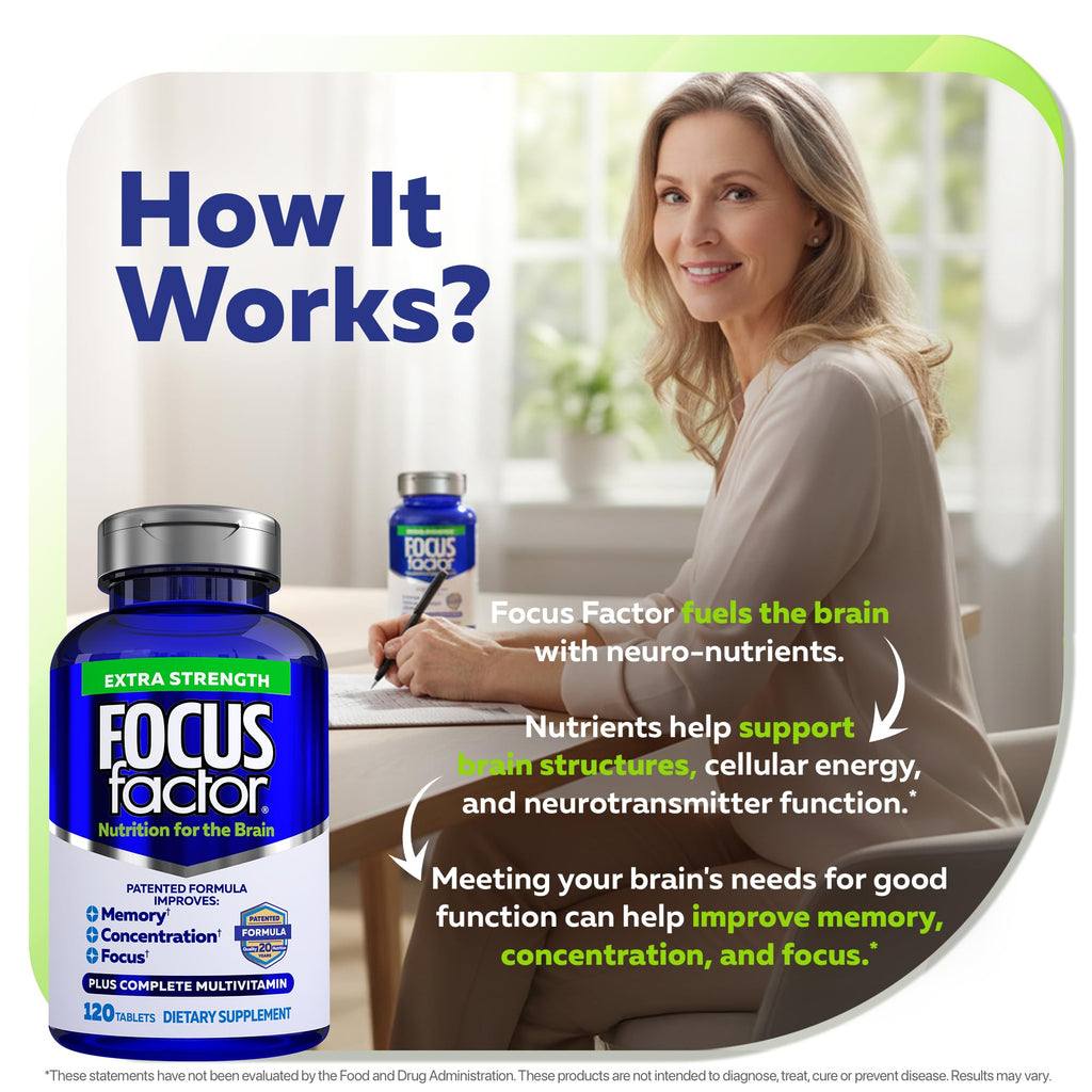 Focus Factor Adults Extra Strength, 120 Count - Brain Supplement for Memory, Concentration and Focus - Complete Multivitamin with DMAE, Vitamin D, DHA - Trusted Health Vitamins (Pack of 2)