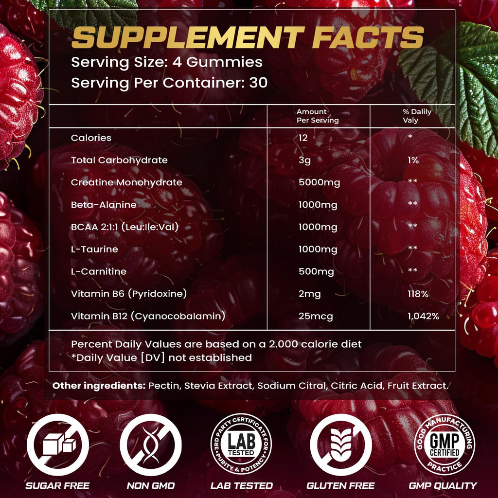 ZyterX Creatine Monohydrate Gummies for Men & Women, 9000MG Creatine Gummies Sugar Free with L-Taurine, BCAA 2:1, B12 B6 for Boost Strength, Focus & Endurance, Vegan, Non-GMO, Raspberry 120pcs