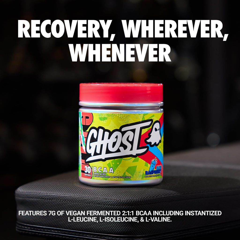 GHOST BCAA Powder Amino Acids Supplement, Blue Raspberry - 30 Servings - Sugar-Free Intra, Post & Pre Workout Amino Powder & Recovery Drink, 7G BCAA