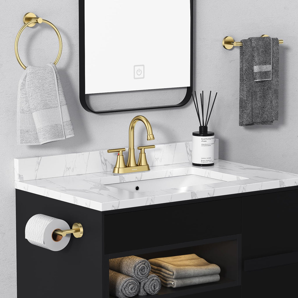 4 inch Brushed Gold Bathroom Sink Faucet with Pop-up Drain and 2 Supply Hoses, Stainless Steel Lead-Free 2-Handle Centerset Faucet for Bathroom Sink Vanity RV