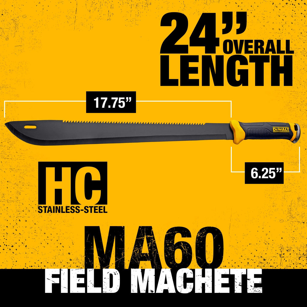 DEWALT 24 Inch MA60 Field Machete - Full Tang Stainless Steel Blade with Saw Back Construction & Non-Slip TPR Handle with Nylon Sheath for Brush Clearing, Yard Work, Camping & Outdoor Use