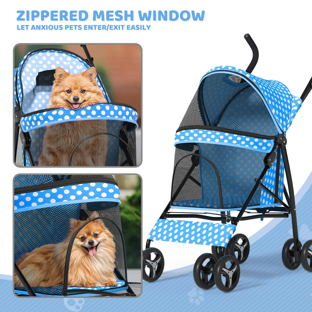 Magshion Compact Pet Stroller for Small-Medium Dogs/Cats up to 22lbs, 4-Wheel Lightweight Umbrella Shaped Portable Puppy Travel Jogger with Breathable Mesh & Rear Storage, Sky Blue Polka Dots
