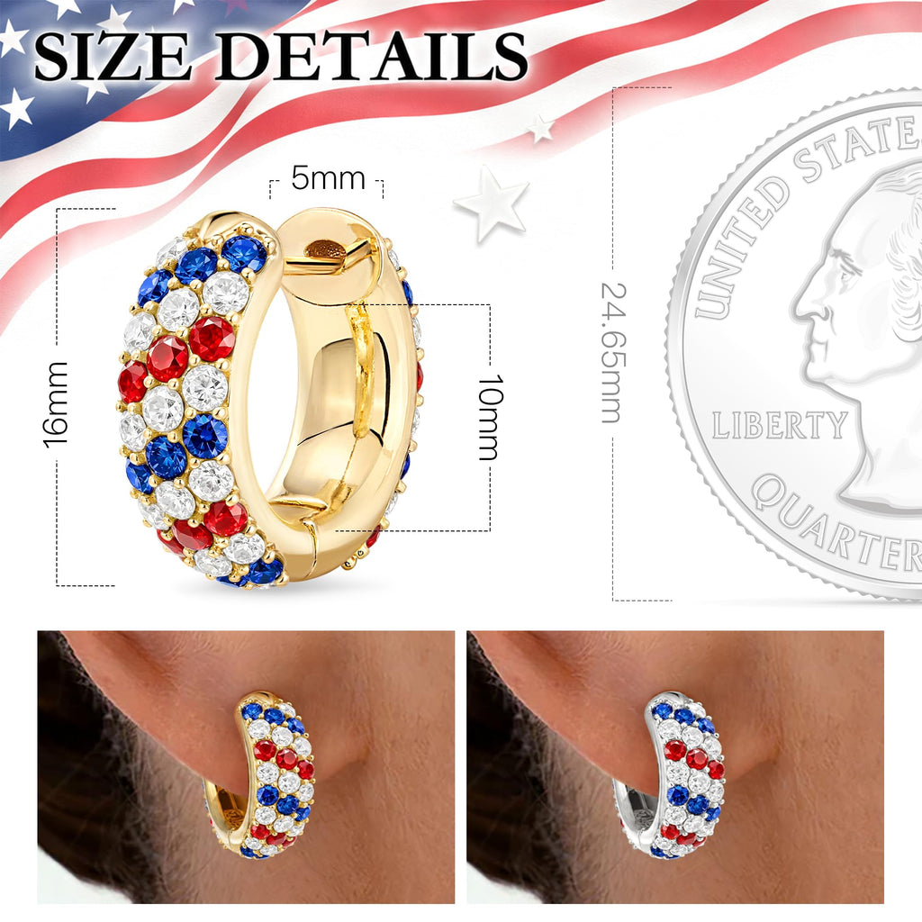 4th of July Independence Day Patriotic Hoop Earrings for Women, 250th Anniversary American Flag Red White Blue Usa earrings Cubic Zirconia Chunky 14K Gold Thick Small Huggie Hoops Non Tarnish Jewelry