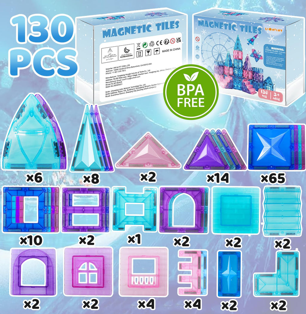LionFuny 130PCS Magnetic Tiles, 3D Diamond Magnetic Blocks, Magnet Tiles for Kids Age 3-5 4-8 8-12, STEM Sensory Educational Magnet Toys for Kids Girls Boys Birthday Xmas Gifts