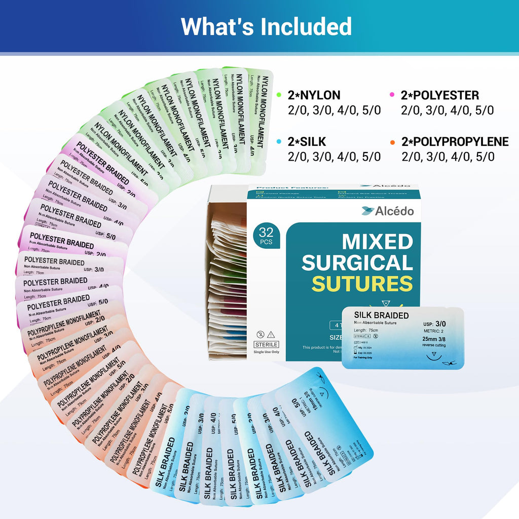 Alcedo Suture Thread with Needle 32 PK (2/0, 3/0, 4/0, 5/0), Non-Absorbable (Nylon, Silk, Polyester, Polypropylene) for Nursing and Students, First Aid Practice Kit Accessories, Education Only