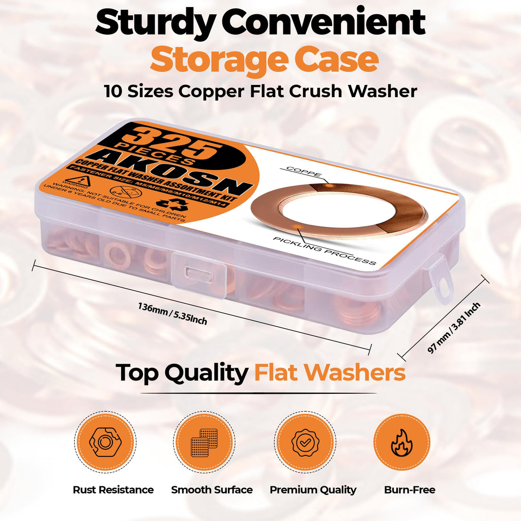 325 PCS Crush Copper Washers Assortment Kit; 10 Size Flat Sealing Copper Washers (M5-M14) for Electronic, Automotive, Motorcycles, Marine and Mechanical Use