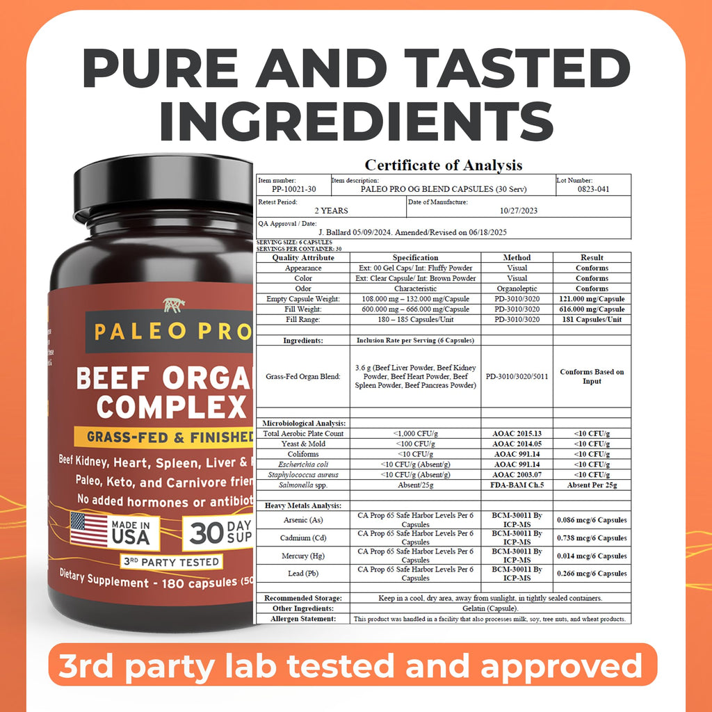 Paleo Pro O.G. Blend Premium Beef Organs Capsules, Kidney, Heart, Liver, Spleen and Pancreas from Grass Fed & Pastured Cows, Dietary Supplement, No GMO, 180 Capsules (Beef Organ Complex)