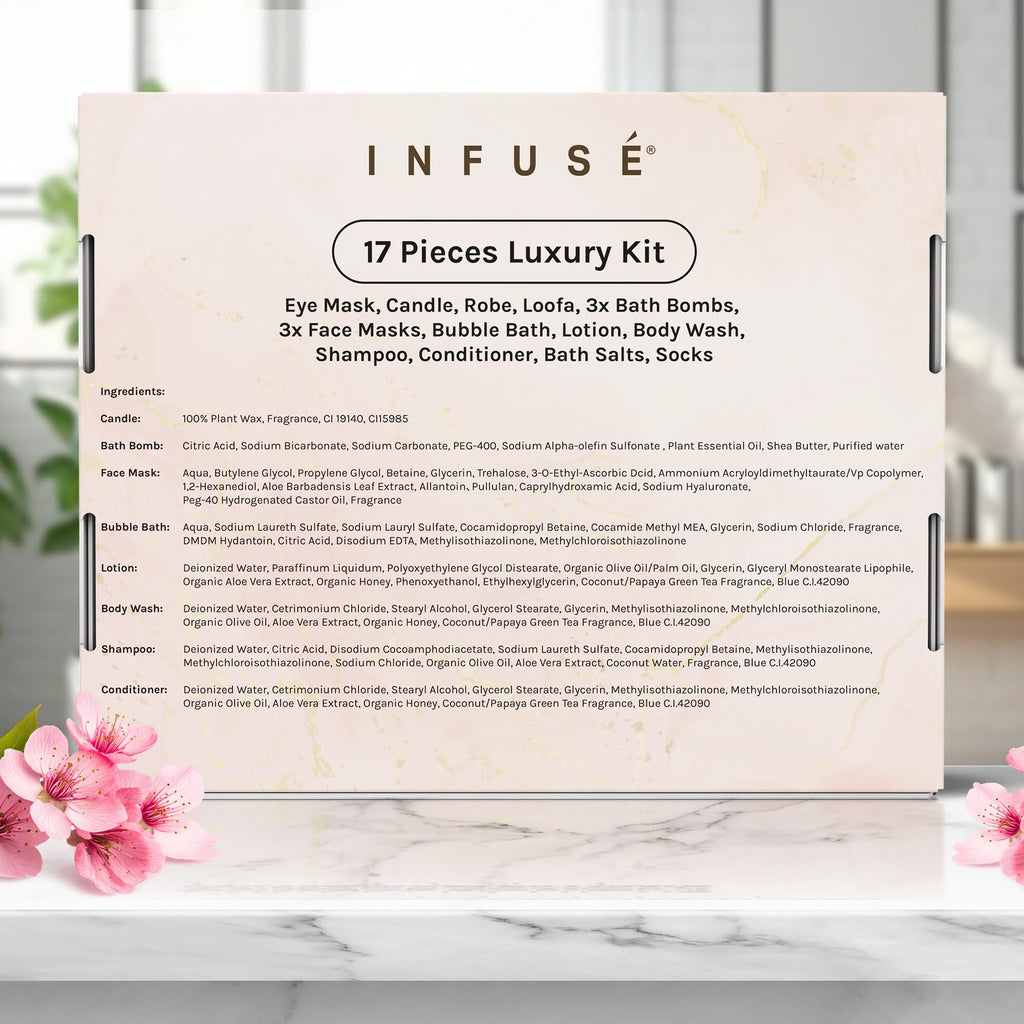 17-Piece Luxury Gift Set with Robe | Complete INFUSÉ White Tea & Coconut Bath Collection | Self-Care Kit with Bath Bombs, Face Masks & Hair Care | Bridesmaid, Mom, Wife, Grandma or Loved Ones