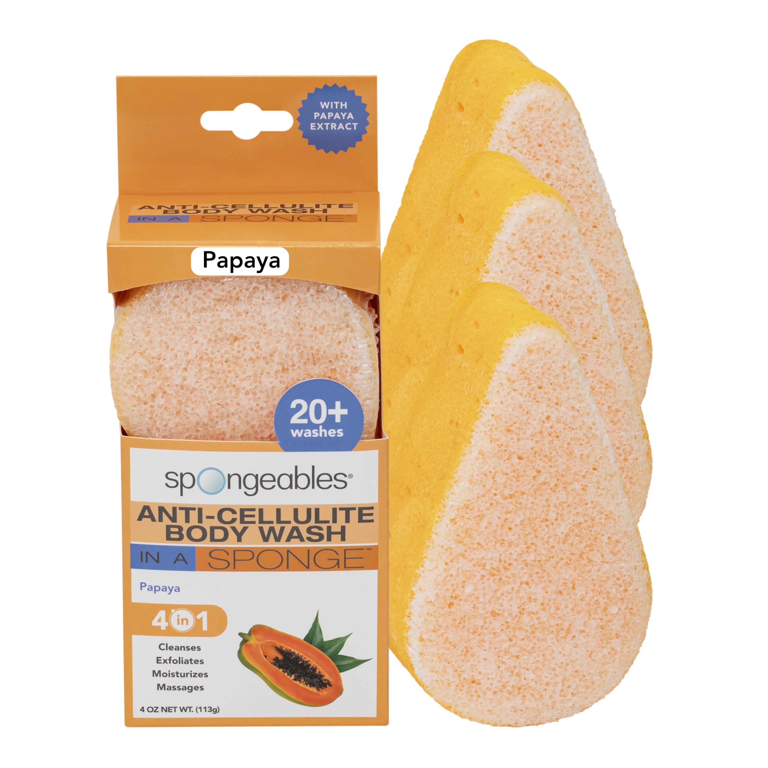 Spongeables Anti Cellulite Body Wash in a 20+ Wash Sponge, Papaya, 3 Count