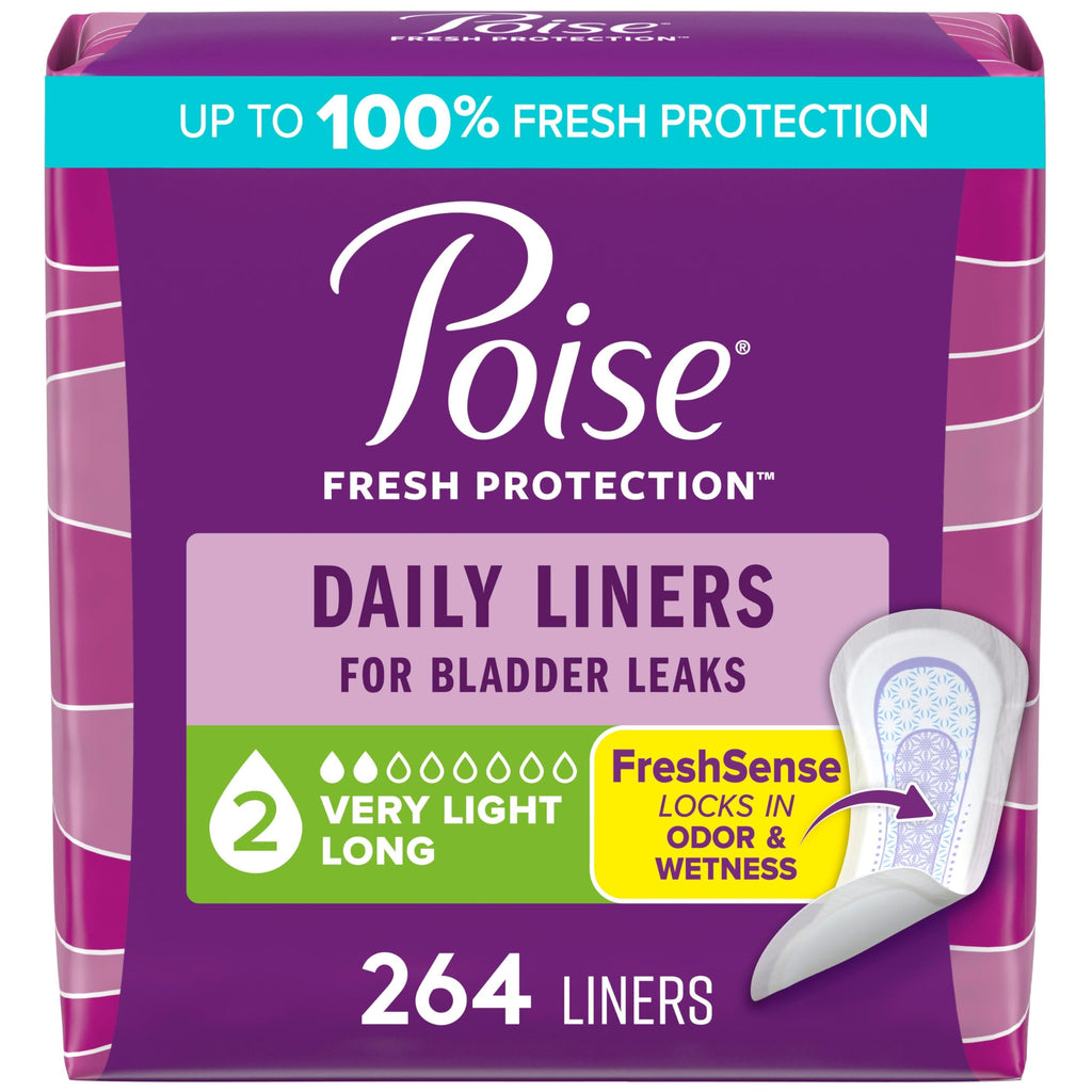 Poise Daily Liners, Incontinence Panty Liners for Bladder Leaks, 2 Drop Very Light Absorbency, Long Length, 264 Count of Pantiliners (6 Packs of 44), Packaging May Vary