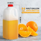 KitchenDine Plastic Milk Bottles, 64 Oz HDPE Material, Juice Bottles with Red Tamper-Evident Caps, Set of 6, Clear bottle with Red cover (6)