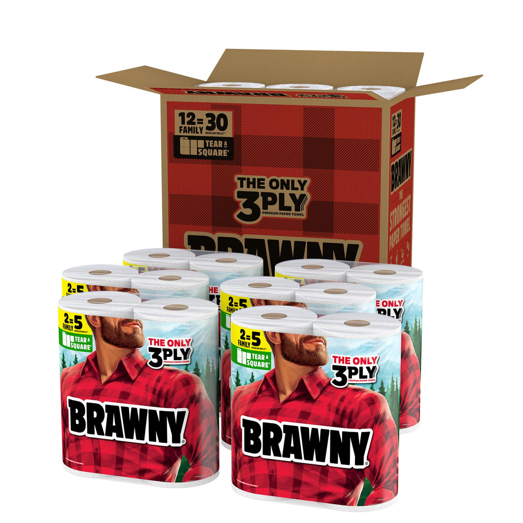 Brawny Tear-A-Square 3-Ply Paper Towels, 12 XL Family Rolls = 30 Regular