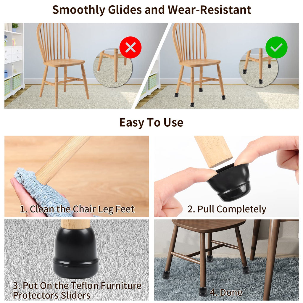 Ezprotekt 24 Pcs Chair Sliders for Carpet, Chair Glides for Carpet, Round Carpet Teflon Furniture Pads, Bar Stool Leg Protectors Caps, Furniture Sliders for Table, Chair (L Fit: 1-1/10" to 1-3/10")