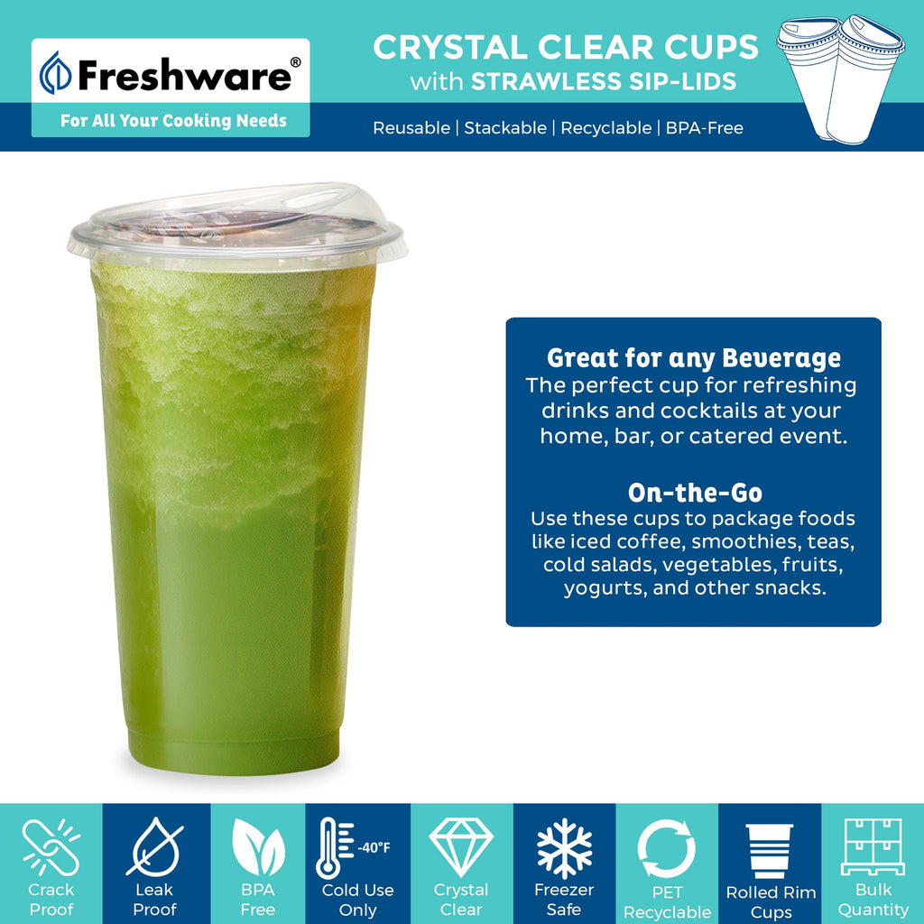 Freshware 24 oz Clear Disposable Plastic Cups with Strawless Sip Lids, 100 Pack Clear Plastic Tumblers, Heavy-duty Party Glasses, Disposable Cups for Thanksgiving, Halloween, Christmas Party