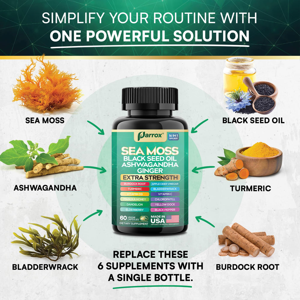 Sea Moss Black Seed Oil Supplement, 16-in-1 Ashwagandha, Turmeric, 60 Caps