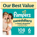 Swaddlers Diapers, Size 6 (23-44 lbs), 108 Count, Absorbent, Keeps Baby Dry and Comfortable, Pediatrician Recommended Skin Safe Disposable Baby Diaper