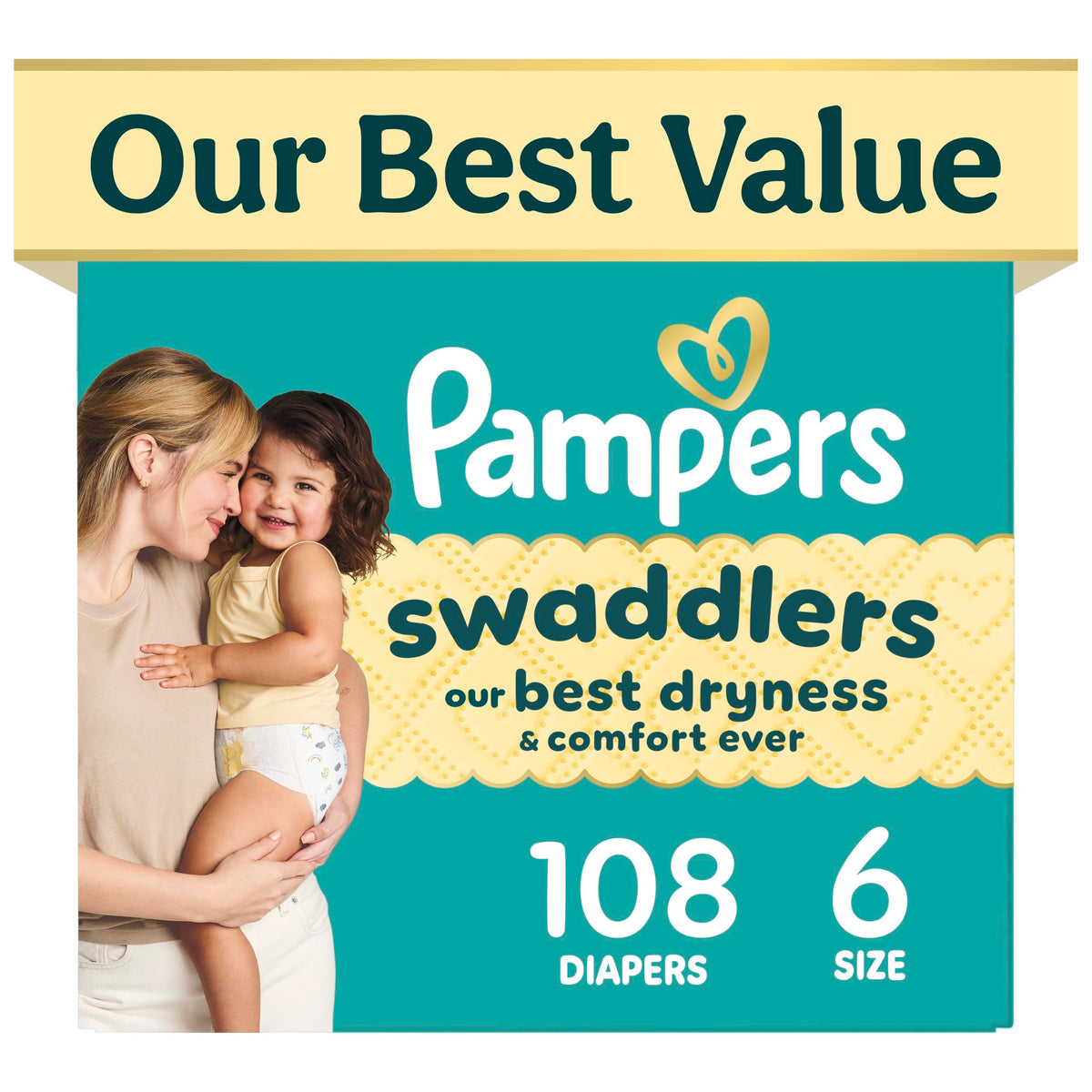 Swaddlers Diapers, Size 6 (23-44 lbs), 108 Count, Absorbent, Keeps Baby Dry and Comfortable, Pediatrician Recommended Skin Safe Disposable Baby Diaper