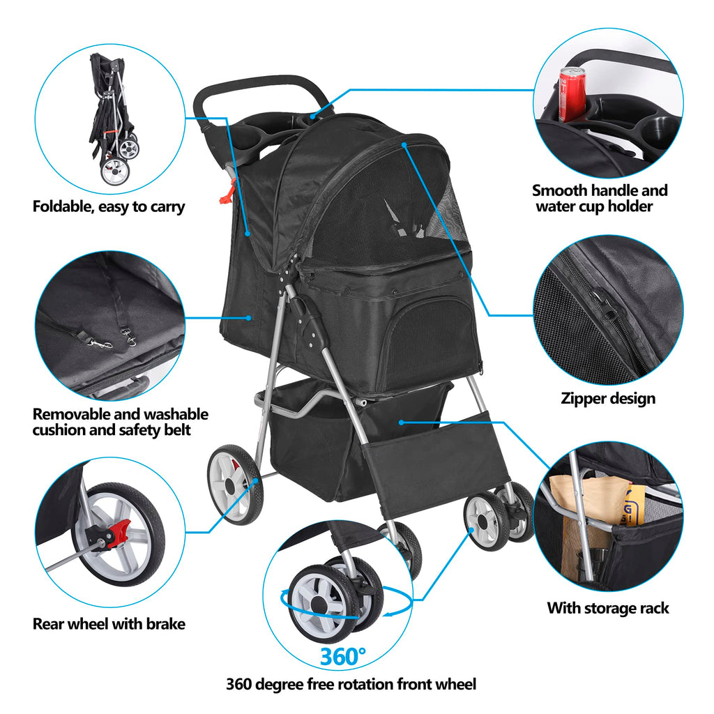 Epetlover Pet Stroller for Dogs, Black 4 Wheels Cat Strolling Cart Foldable Travel Carrier, Waterproof Puppy Jogger Stroller with Storage Basket & Cup Holder