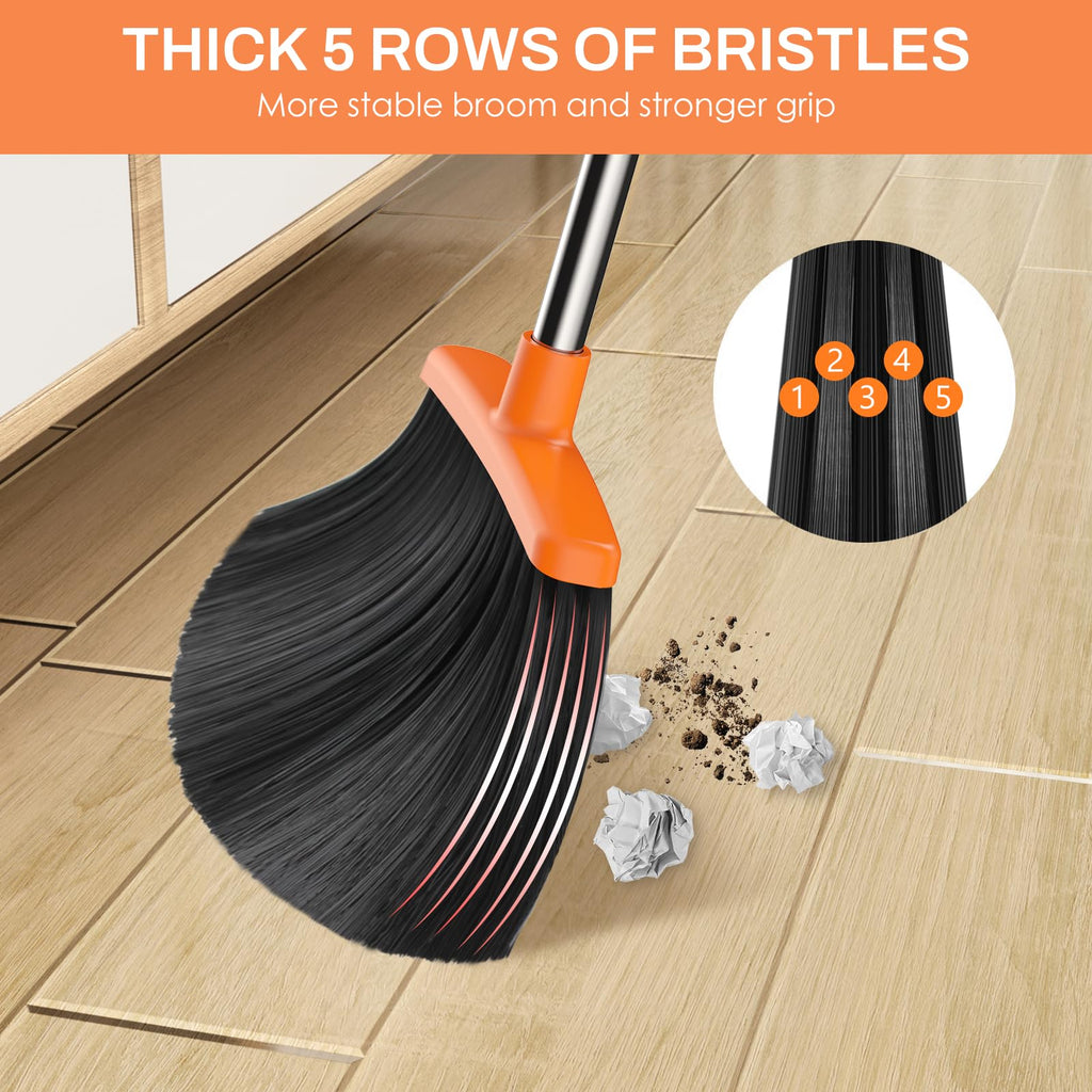 EZKEY Broom and Dustpan Set for Home, 51-in Long Adjustable Handle Angle Broom and Dustpan Combo Set with Dust Pan Teeth to Clean Hair for Home Kitchen Office Lobby Floor Garden, Black Orange