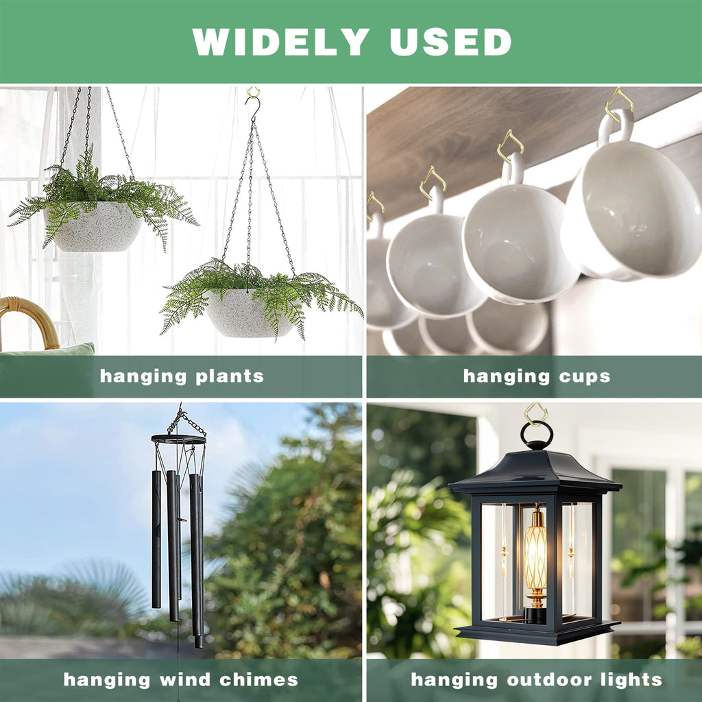 Ticway 80 Pcs Outdoor Hooks for String Lights,Screw Hooks for Hanging Plants,Ceiling Hooks with Safety Buckle,Square Hanger for Wind Chimes,Bird Feeder,Lanterns,Christmas Decorations Gold
