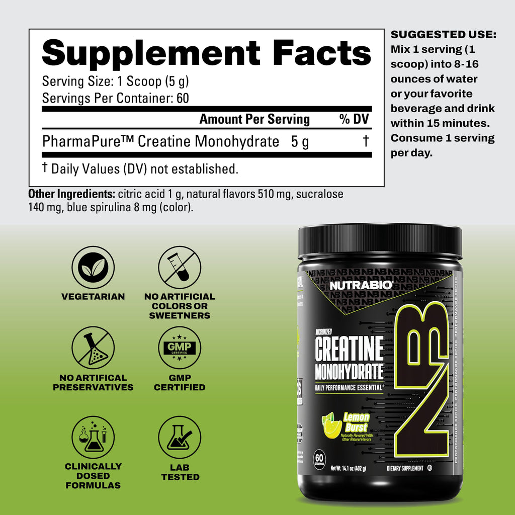NutraBio Pure Micronized Creatine Monohydrate Powder Supplement, Lemon Burst, (300 g) - Supports Bulk Muscle Energy, Recovery, and Strength - HPLC Tested Creatine Powder Supplement for Men and Women