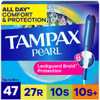 Tampax Pearl Tampons for Women Multipack, with LeakGuard Braid, Regular/Super/Super Plus Absorbency, Unscented, 47 Count