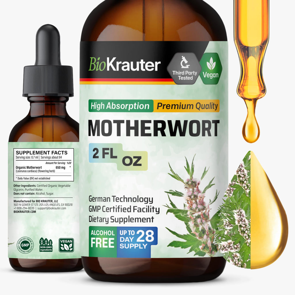 BIO KRAUTER® Perimenopause & Menopause Supplements for Women* - Vegan Motherwort Tincture 2 Fl.Oz 28-Day Supply for Natural Calm & Women's Wellness - Alcohol & Sugar Free - 650 mg per Serving