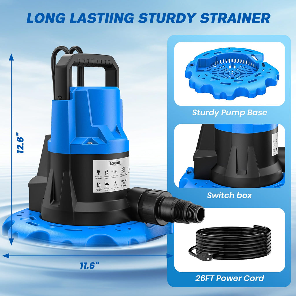 Acopair 1 HP Automatic Pool Cover Pump 5000 GPH - Submersible Water Removal Pump with 26ft Power Cord & 3/4” Check Valve for Pool, Hot Tubs, Rooftops, Water Beds and more (2026 Upgrade）