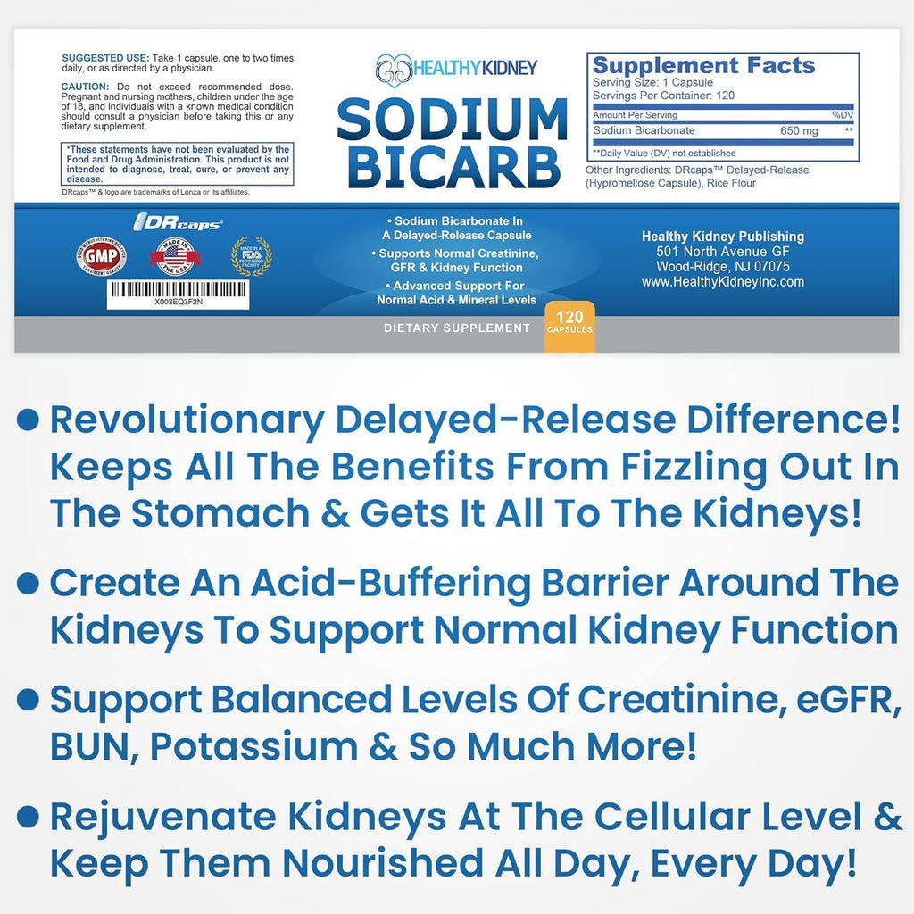 Sodium Bicarbonate 650 Mg Tablets - Delayed Release for Normal Kidney Function - Baking Soda Tablets, Sodium Pills, Bicarbonato De Sodio para Tomar, Bicarbonate of Soda - 30 Capsules