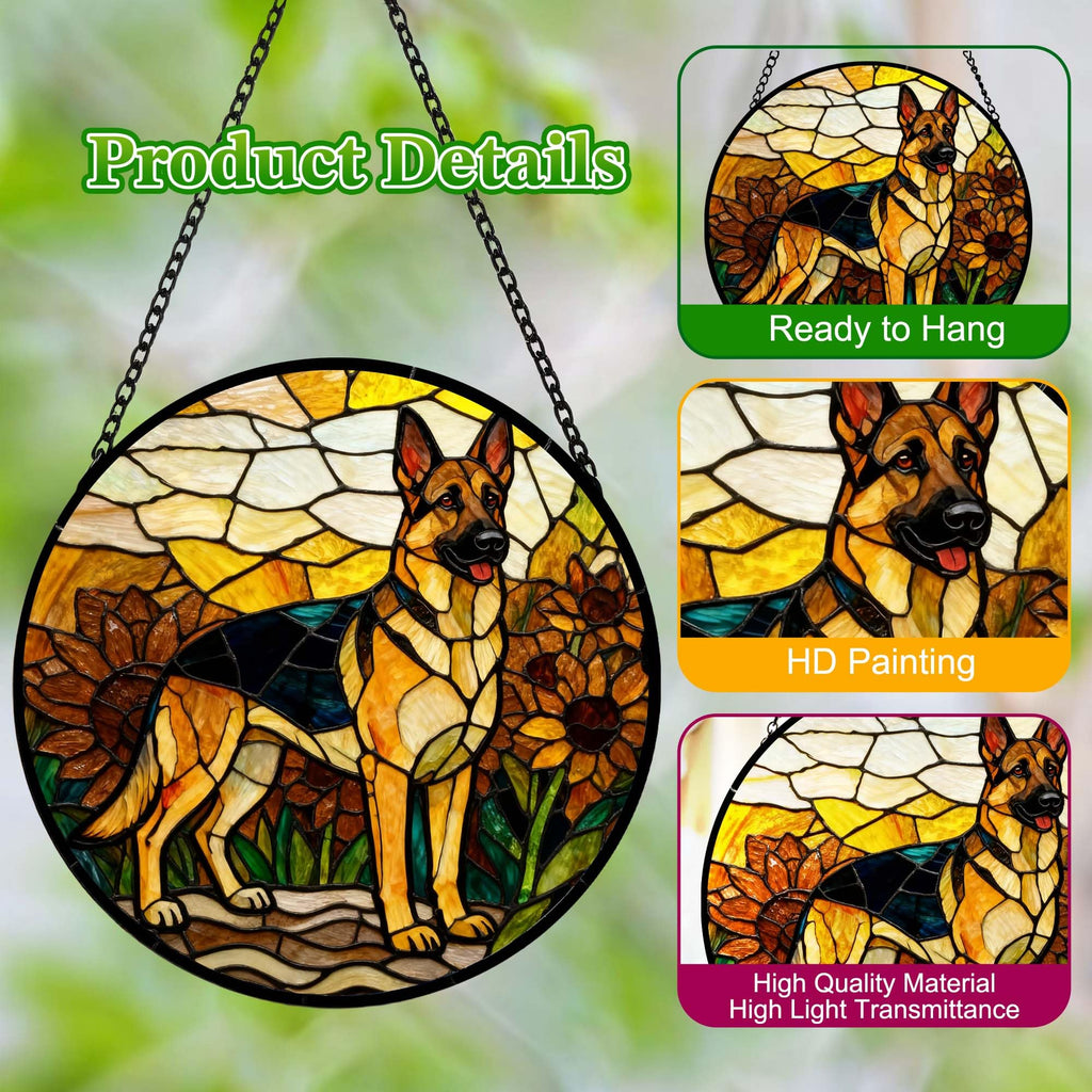 Stained Glass Suncatcher German Shepherd in Sunflowers 6.3 Inch