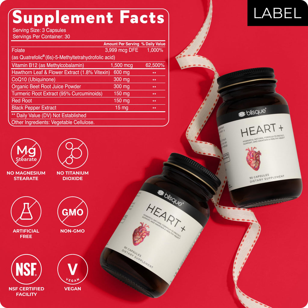 Blisque – Natural Blood Pressure Support Supplement for Heart Health and Circulation | Doctor-Approved | with 200 mg CoQ10, Hawthorn Berry, Beet Root, Turmeric | 90 Capsules