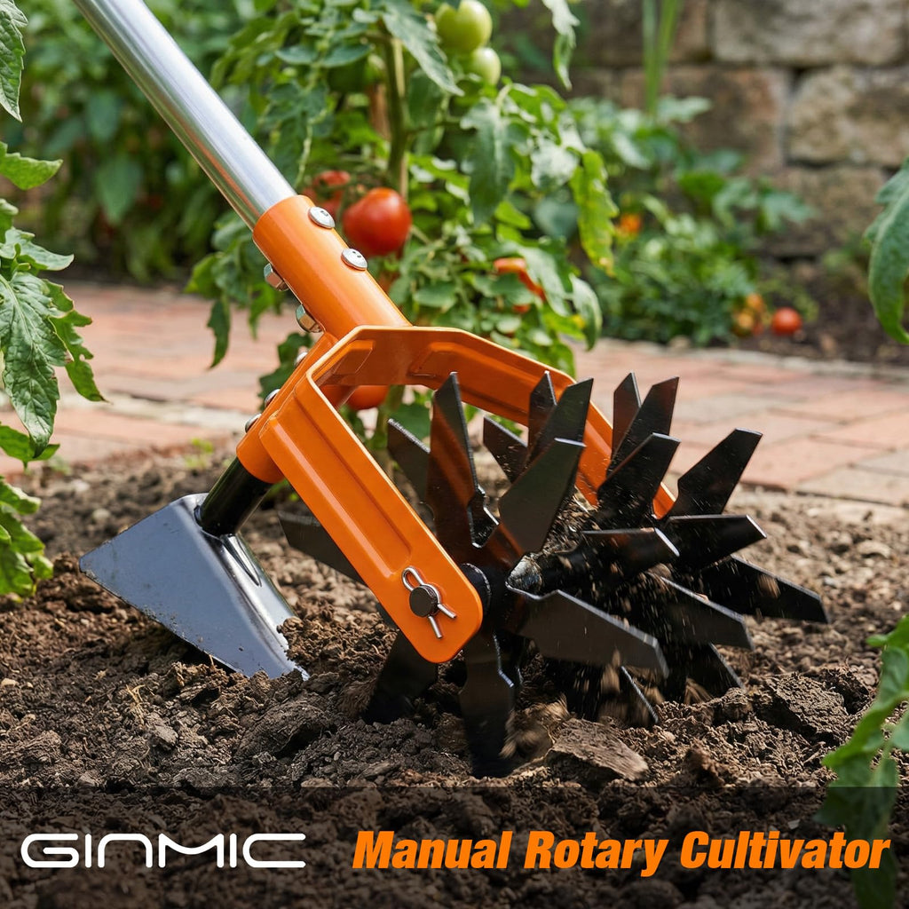 GINMIC Hand Tiller Garden Cultivator, Garden Tiller with Upgrated Triangle Hoe and Adjustable Long Handle, 2-in-1 Weeder & Soil Aerator for Lawn Care, Cultivate, Plant, Reseed, Gardening Hand Tools