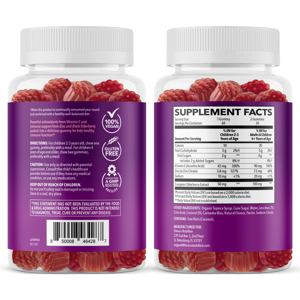 Elderberry Gummies for Kids with Zinc and Vitamin C - Immune Support Supplement for Children - 60 Count, Vegan, Berry Flavor - Convenient Daily Defense with Antioxidants and Essential Nutrients