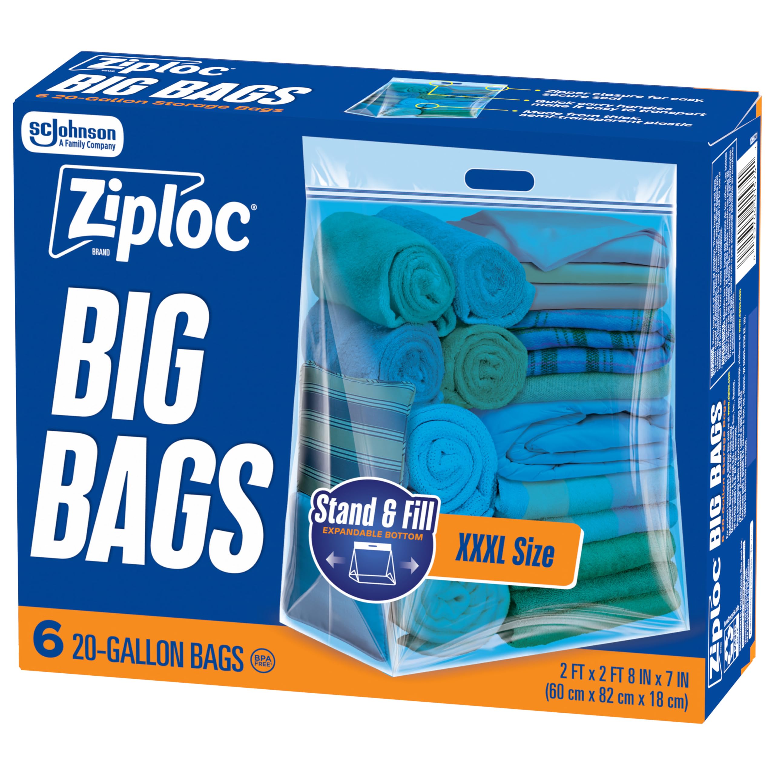 Ziploc Big Bags, 20 Gallon XXXL Reusable Storage Bags, 6 Count