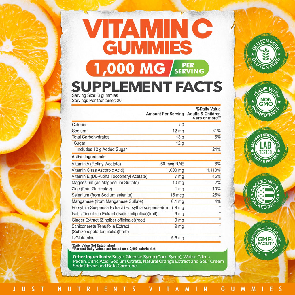 Vitamin C Gummies 1000mg – Chewable Multivitamin for Adults & Kids with Zinc for Immune & Collagen Support – Maximum Strength, Natural Orange Flavor – Gluten Free, Non-GMO, Vegetarian – 60 Gummies