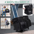 Large Rolling Cleaning Caddy Bag with Wheels, with Detachable Trolley, Cleaning Bags on Wheels for Housekeepers, Cleaning Cart Supplies Organizer for Home, Car, Picnic (Black)