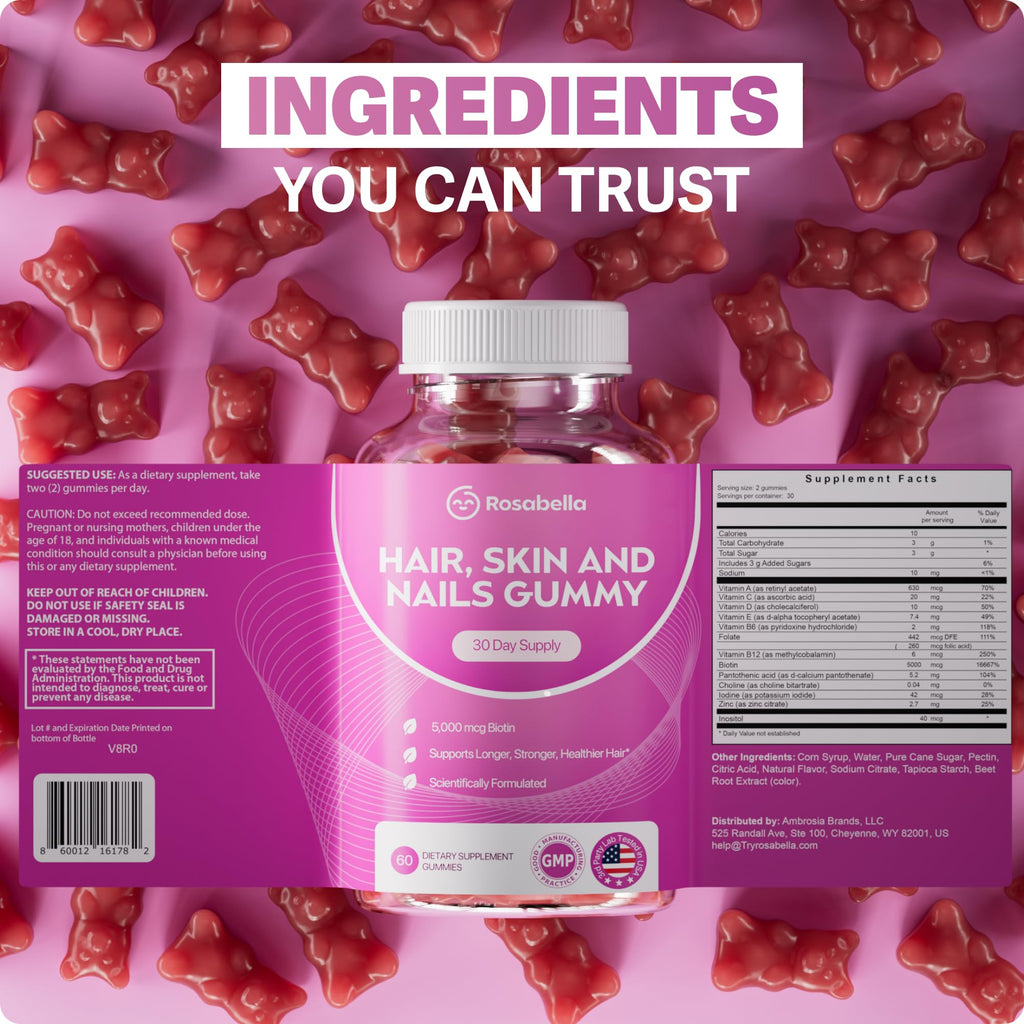 Rosabella® Hair Growth Vitamin Gummies [60 Gummies] Biotin for Faster Hair Growth Women & Men - Nail, Skin (5.000mcg Biotin) (60 Count (Pack of 3))