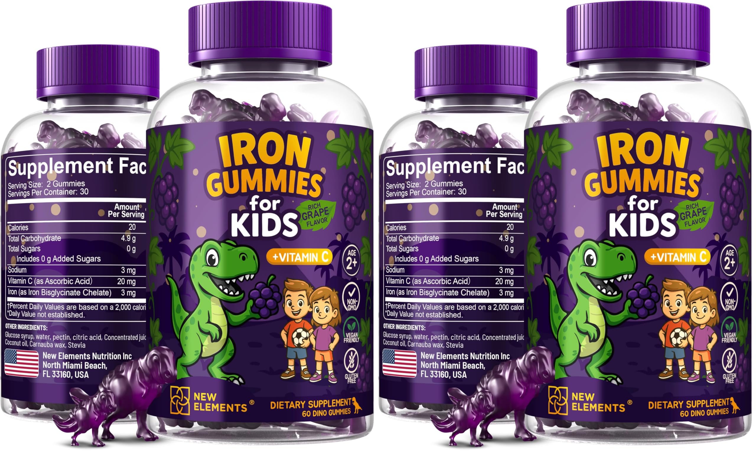 Iron Dinosaur Gummies for Kids with Vitamin C | Sugar-Free, Vegan, Gluten-Free & Non-GMO | Anemia Relief, Energy & Blood Health Support | Grape Flavor, Pectin-Based for Optimal Health (Pack of 2)