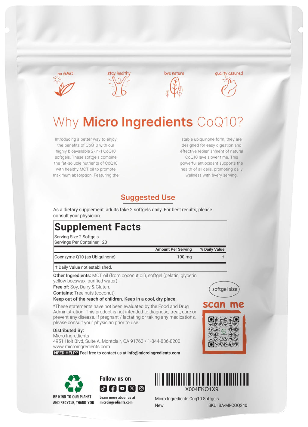 Micro Ingredients CoQ10 100mg Per Serving | 240 Softgels Made with Coconut MCT Oil | High Absorption Coenzyme Q10 as Ubiquinone | Non-GMO