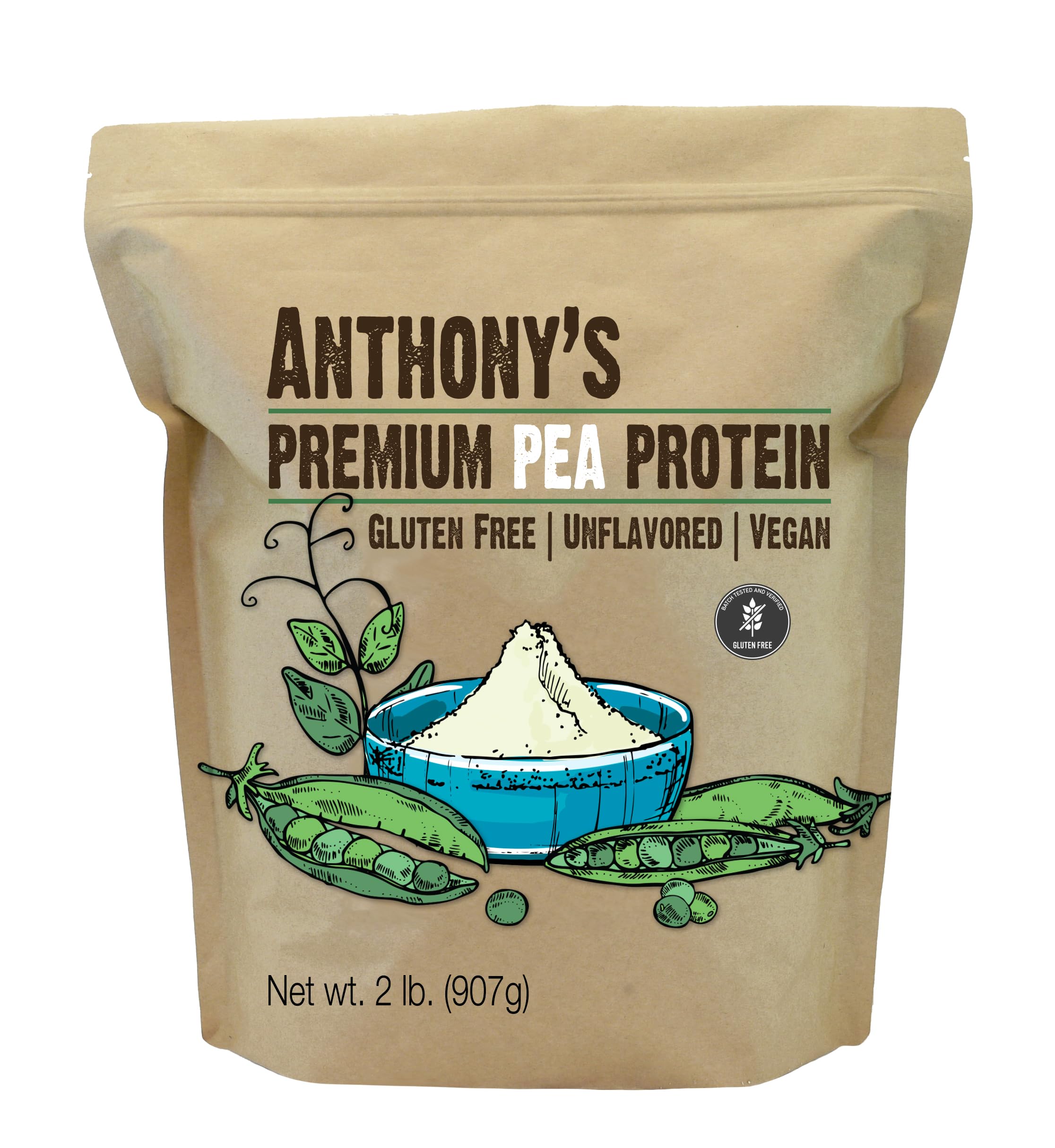 Anthony's Premium Pea Protein, 2 lb, Plant Based, Gluten Free, Unflavored, Vegan, Keto Friendly, Made from Peas