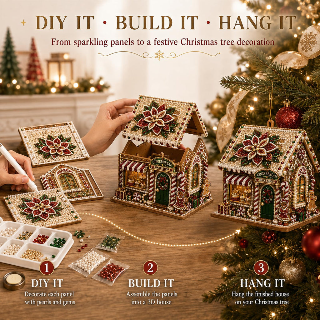 3D Christmas House Diamond Painting Kit for Adults, Wooden Pearl Art Craft