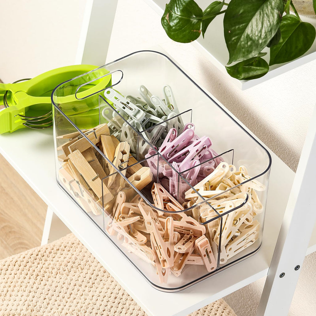 2 Pack, 5-Compartment Clear Plastic Bin - Divided Art Supplies, Cosmetic Makeup Caddy Organizer - Multiuse Storage Container for Vanity, Bathroom, Kitchen, Office, Craft, Shower, Cleaning Items