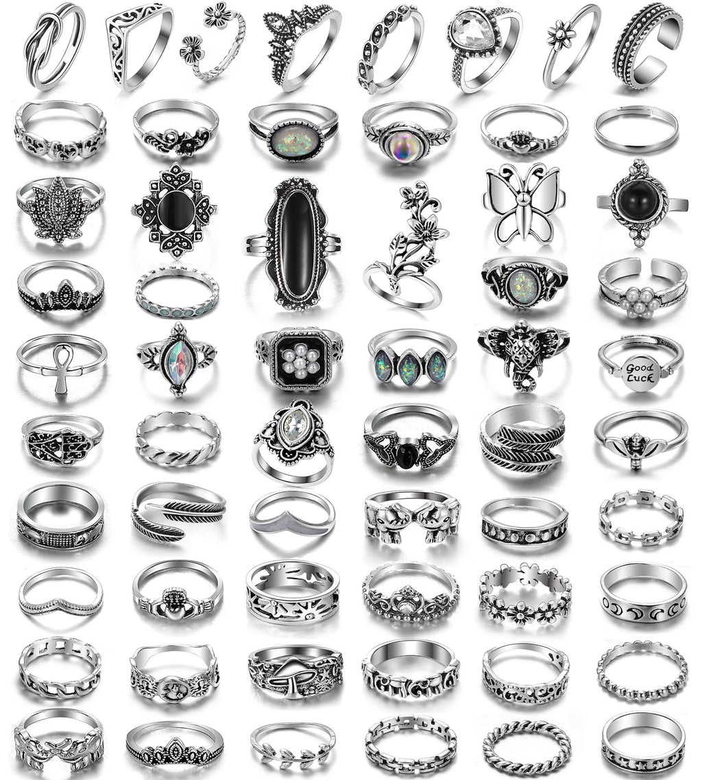 17IF 60 PCS Vintage Silver Goth Ring Set for Women, Punk Boho Chunky Knuckle Stackable Finger Ring Pack Aesthetic Grunge Adjustable Retro Stone Opal Crystal Cat Snake Flower Gothic Rings