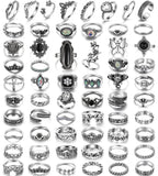 17IF 60 PCS Vintage Silver Goth Ring Set for Women, Punk Boho Chunky Knuckle Stackable Finger Ring Pack Aesthetic Grunge Adjustable Retro Stone Opal Crystal Cat Snake Flower Gothic Rings