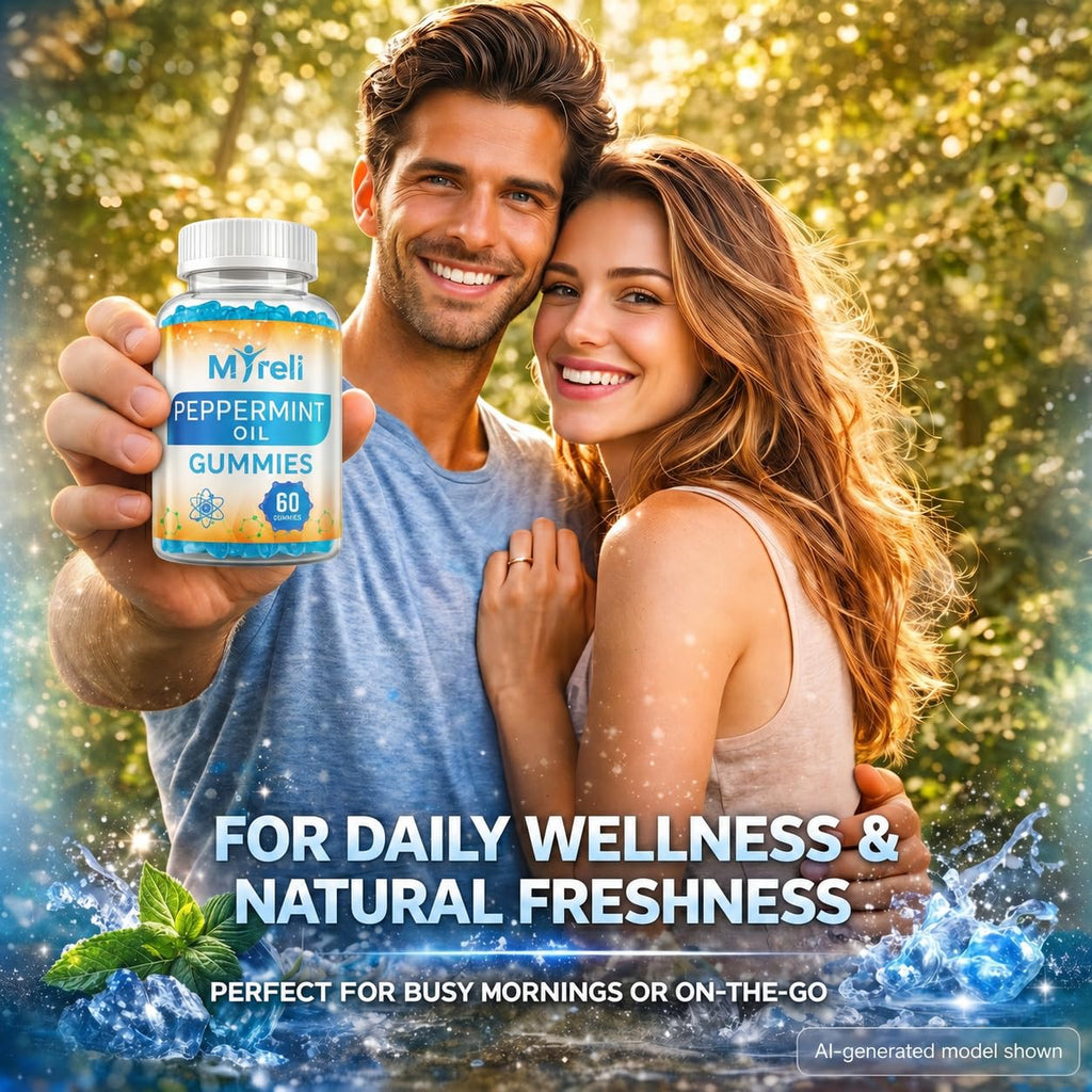 MYRELI Peppermint Oil Supplement Gummies 100mg - Plant-Based Formula, 60 Easy to Take Chewables, Vegan Friendly, Gluten Free, Soy Free, Dairy Free, Non GMO, Daily Use for Adults, No Water Needed