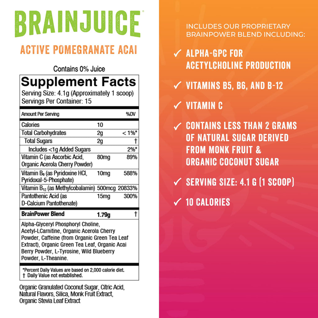 BrainJuice Nootropics Brain Support Supplement, Gluten Free Powder for Energy and Focus, Drink Mix with L Theanine, Alpha GPC, Vitamin B, Organic Green Tea Extract (Active Pomegranate Acai)