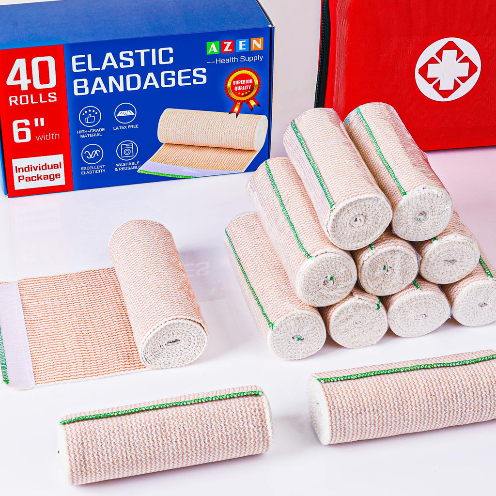 AZEN Premium 40 Pack Elastic Bandage Wrap 6 Inch, Compression Wrap Bandage for Legs, Ankle, Knee, Tummy, Body, Latex-Free, Lymphedema Wraps for Legs