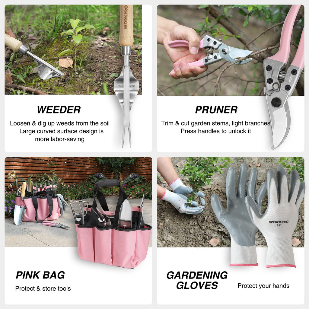 WORKPRO 8-Piece Pink Garden Tool Set - Pink